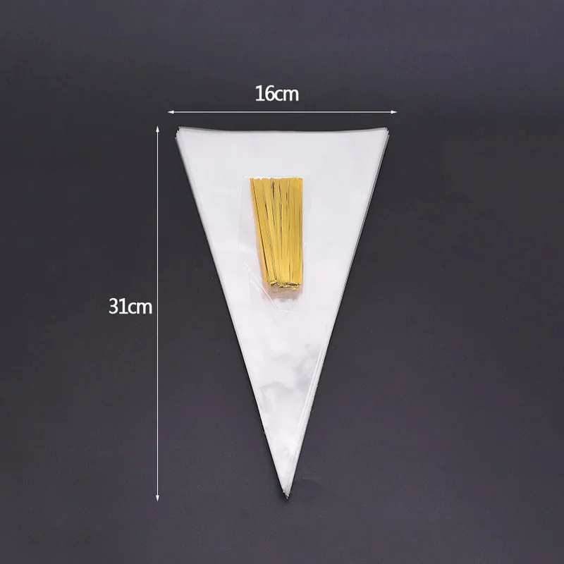 50 шт. 3 размера прозрачные целлофановые конусные мешки золотые закрученные стяжки уплотнительные мешки прозрачные пластиковые подарочные пакеты для хранения конфет печенья
