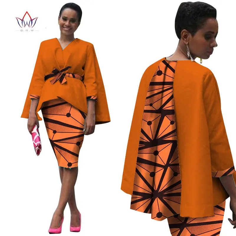 Африканский стиль, женская африканская одежда, комплект из двух предметов, платье, костюм для женщин, топы, куртка и юбка с принтом, Bazin Riche, одежда WY809