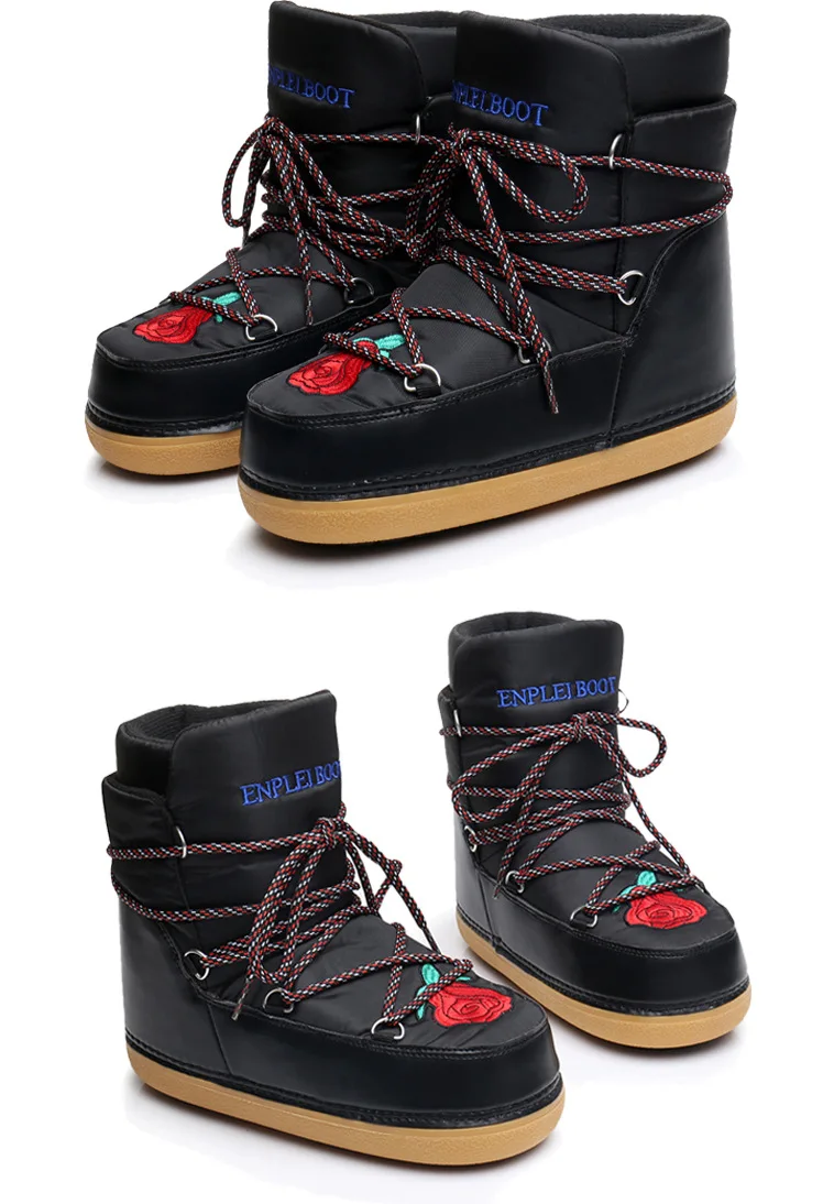 Теплые толстые зимние ботинки до середины икры на шнуровке с цветочной вышивкой водонепроницаемые Нескользящие повседневные зимние ботинки на платформе, размер 42