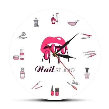 

Beauty Salon Nail Studio Tools Cosmetology Printed Acrylic Wall Clock Nail Polish Bottles and Accessories Watch Timepieces