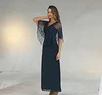 same as photo Шифон блесток Элегантный темно-синего цвета с v-образным вырезом для мамы; обувь под свадебное платье для невесты Платье трапециевидного силуэта Mere De La Mariage - Цвет: same as photo