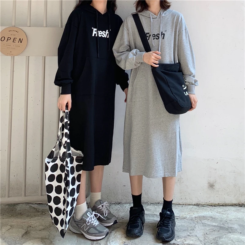 

Women white Hoodies Dress Long Pullover Sweatshirts Harajuku Loose dresses Long Sleeve Oversized Hoody Female ka1057
