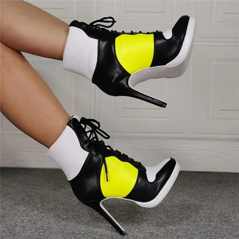 Kolnoo Real Photos Handmade Ladies High Heel Boots Patchwork Leather Sport-Style Crisscross Lace-Up Ankle Boots Fashion Shoes