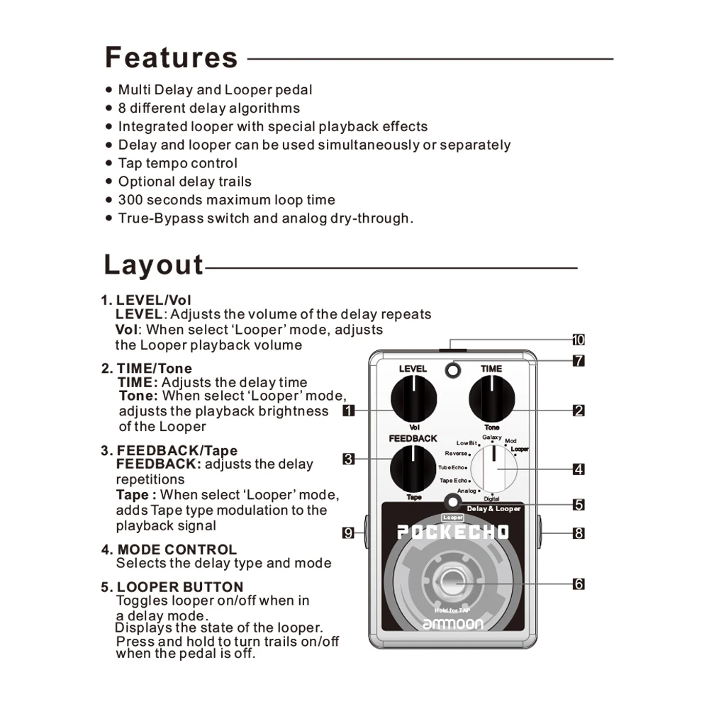 Ammoon POCKECHO Delay& Looper гитарный эффект педаль 8 эффектов задержки Макс. 300 С Петля время нажатия темп функция True Bypass