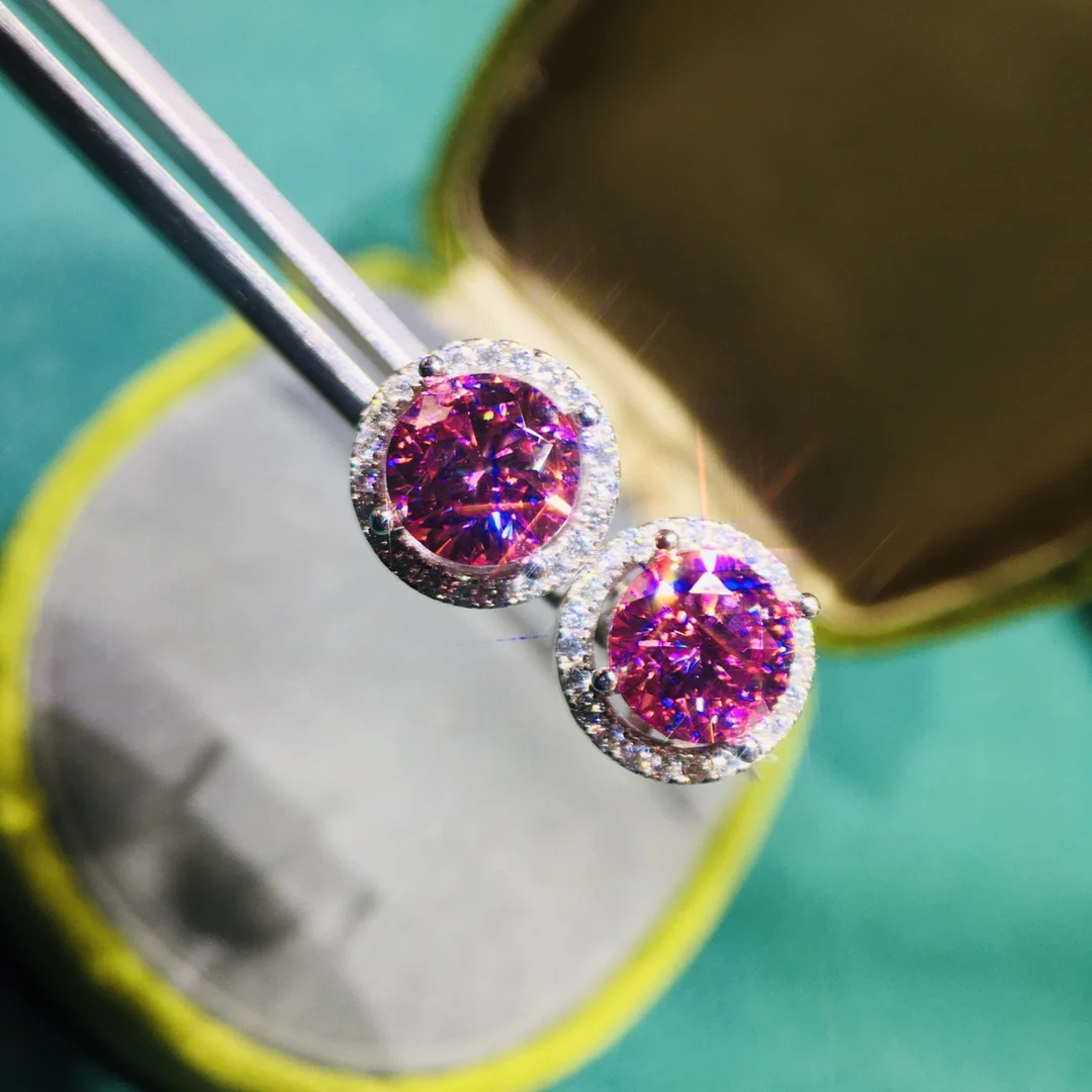 Silver 925 Original Round Brilliant Cut Diamond Test Past Total 2 Carat Best Pink Moissanite Stud Earrings Gemstone Jewelry Gift