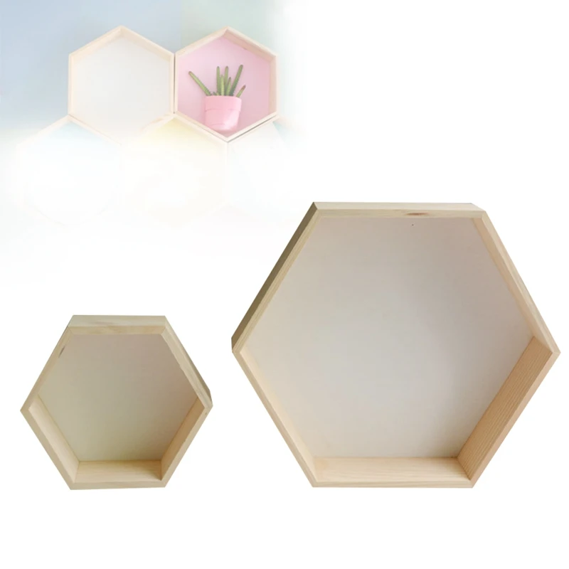 

2Pcs Wooden House Wall Storage Rack Multifunction Hexagonal Storage Rack Home Children'S Room Home Living Room Wall Decoration
