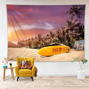 

Sea Beach Scenery Tapestry Wall Hanging Palm Tree Surfboard Pattern Living Room Bedroom Dorm Decor Summer Wall Tapestry Blanket