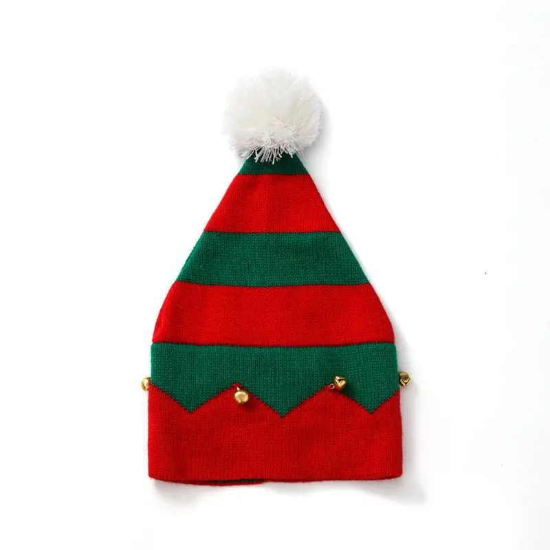 Детская Рождественская вязаная шапка эльфа с маленькими колокольчиками контрастного цвета с волнистыми полосками, вязаная шапка Санты с помпоном, вечерние принадлежности