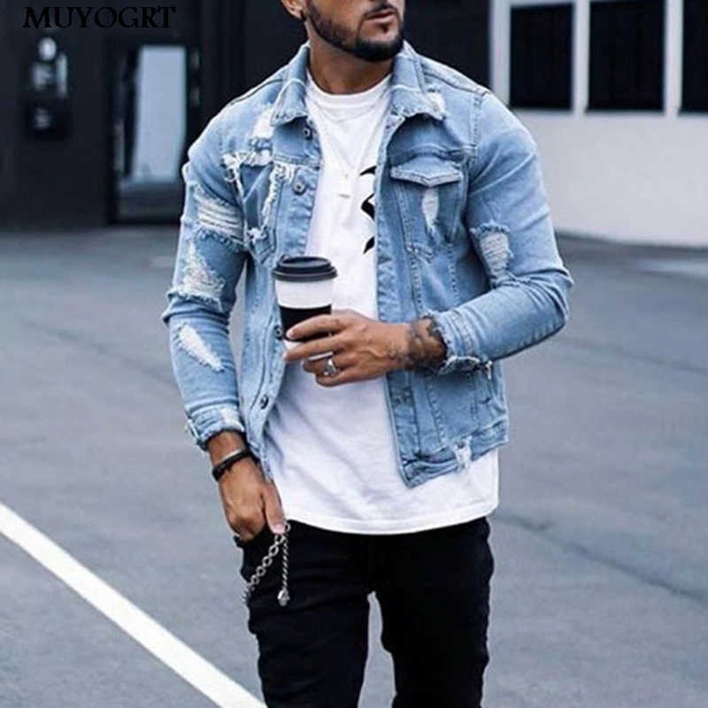 

MUYOGRT Fashion Casual Denim Jacket Men Plus size Blue Color Lapel Ripped Jean Jacket 2020 Autumn and Winter New Men's Jacket
