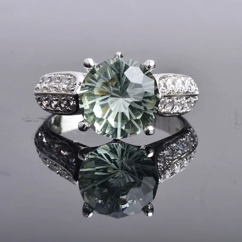 

CSJ Green amethyst quartz gemstone classics Ring Sterling 925 Silver Round8.0 4Ct football cut Fine Jewelry For Women Lady Gift