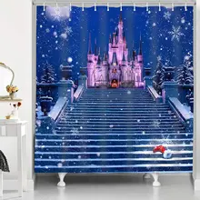 

Pink Castle Shower Curtain Romantic Fairy Tale Winter Snowflake Christmas Eve Bath Curtains with Hook Waterproof Bathroom Decor