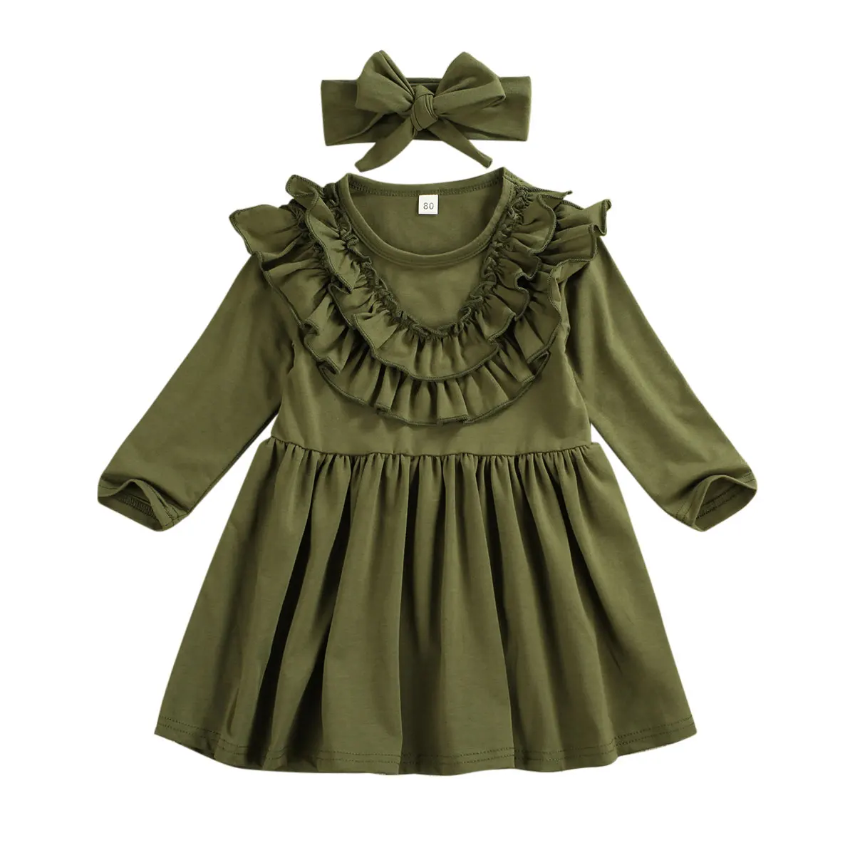 Платье для маленьких девочек однотонное плиссированное платье сарафан с повязкой на голову - Цвет: Зеленый