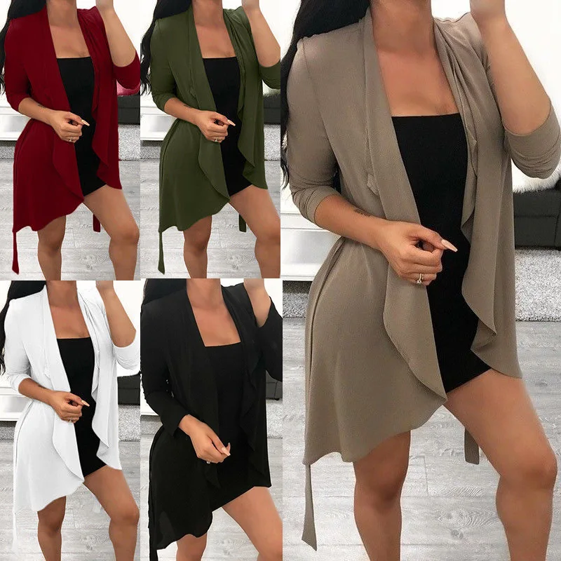 Femme Waterfall Open Front Kimono Cardigan Spring Autumn Ladies Long Sleeve Coat Woman Casual Loose Solid Jacket Top Outwear