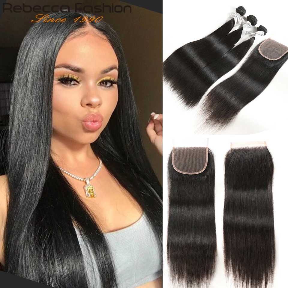 Rebecca Straight Hair Bundles With Closure 3 Bundles With Lace Closure Human Hair Extensions 8 To 28 Inch Bundles With Closure