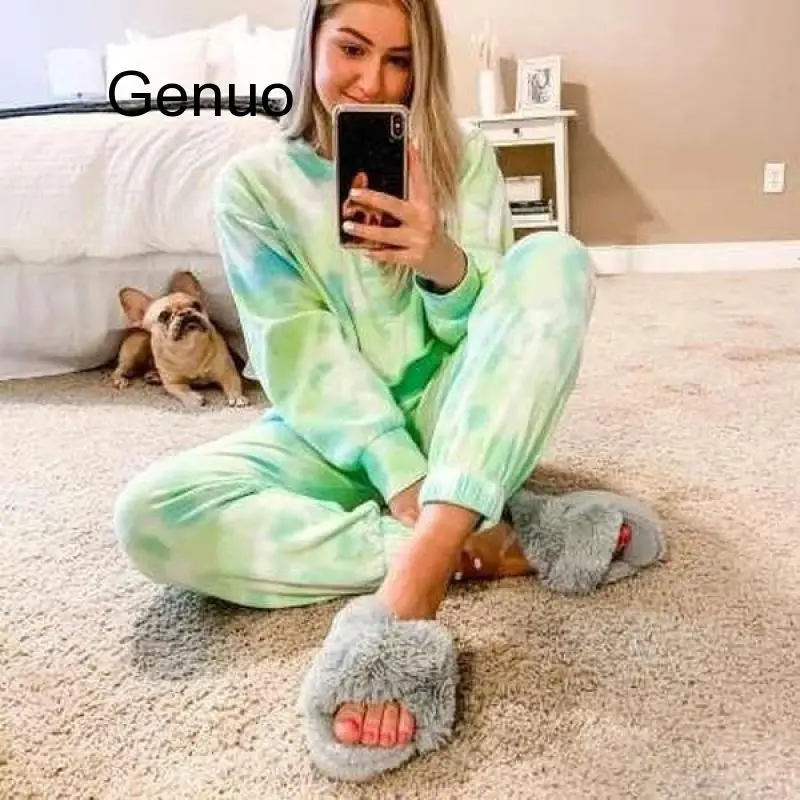 Streetwear Two Pieces Lounge Wear Set Green Tie-dye Print Street Wear V-neck Long Sleeve Tracksuit Women Outfit 2Pcs Sets 2020 street sexy women s tracksuit halter neck twist crop tops and straight pants suit matching two 2 piece sets womens outfits
