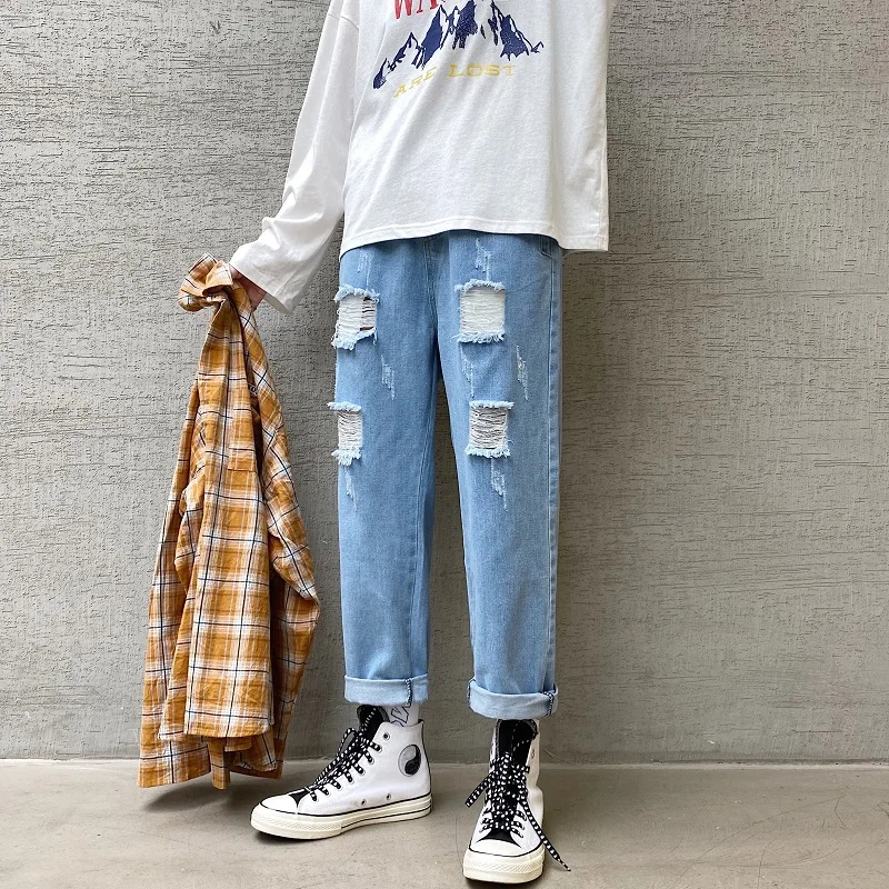 

Summer Drawstring Hole Jeans Men's Fashion Washed Solid Color Casual Straight Jeans Men Streetwear Hip Hop Loose Ripped Jeans