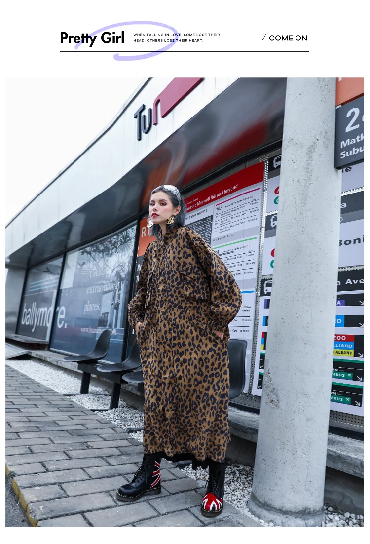 Vefadisa/осенне-зимний Тренч с леопардовым принтом, пальто с воротником-стойкой, свбодная юбка на молнии, Тренч, Женская Повседневная QYF748