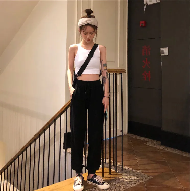 Korean chic White High Waist Harem Pants Women Casual Loose Black Long Pants Female Summer Pocket Lace-up Elastic Trousers