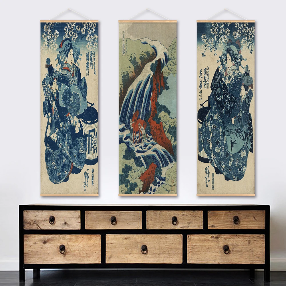 

Japanese Ukiyoe Poster Canvas Print Wall Pictures For Living Room Decoration Vintage Scroll Paintings With Solid Wood Hanger