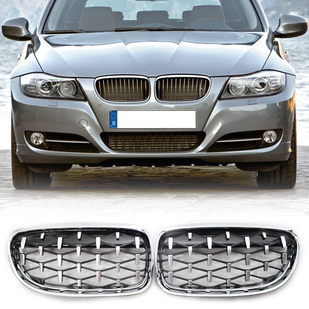 VODOOL Left Right Chromed Diamond Kidney Grille Grill for BMW E90 E91 3 Series Facelift Double Slat Sport Style Gloss Black