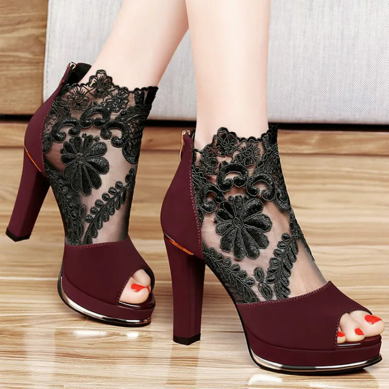 

Summer Mesh High Heel Sandals Peep Toe Sexy High Heels Shoes Women Zipper Spring Lace Pumps Nice Platform Shoes For Woman