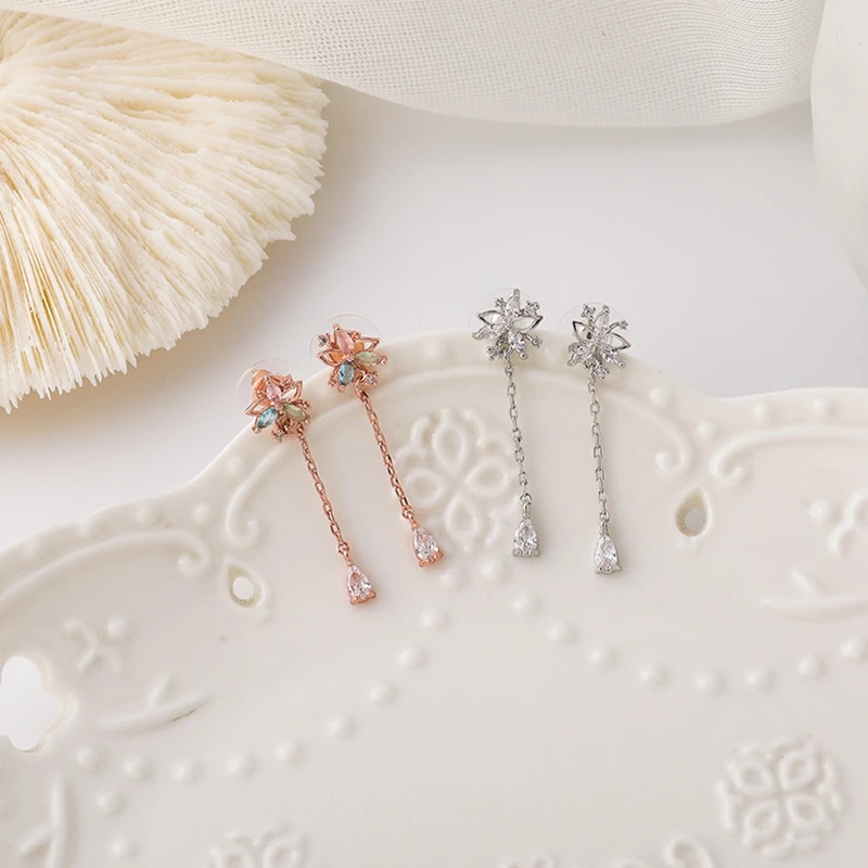 Exquisite Korean Micro Paved Cubic Zircon Dangle Earrings For Women Girls Pink Green Blue Color Rhinestone Flower Earrings Gift