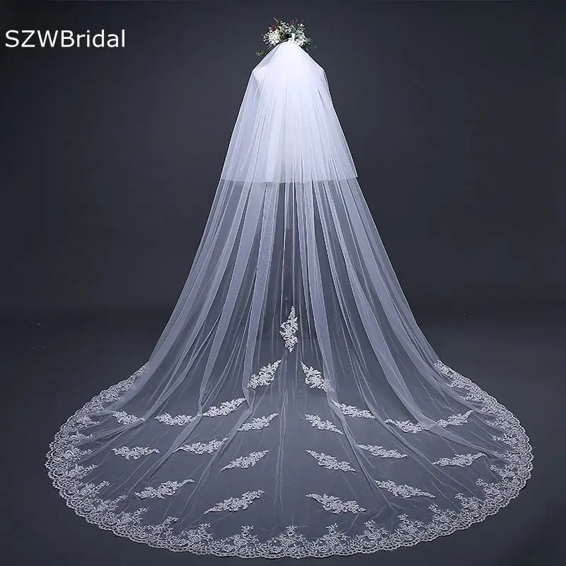 

Free Shipping Cathedral Wedding Veils Two Layers with Comb Lace Applique Matrimonio boda Wedding accessories welon Wedding Veil