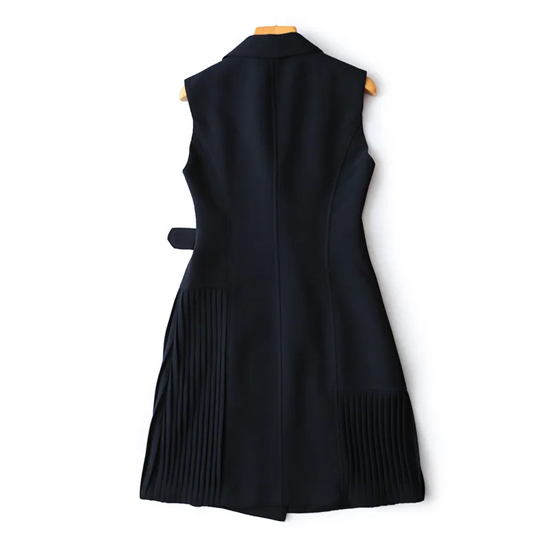 Europe Fashion Woman Autumn Dress High Quality Runway Designers Notched Collar Solid Navy Blue Blazer Vest Dress Office Business