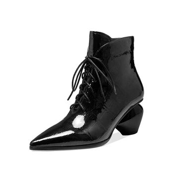 

Elegant Cross Tied Autumn and Winter Shoes for Women Genuine Leather High Heels Shoes Woman Wedding Party Ankle Boots