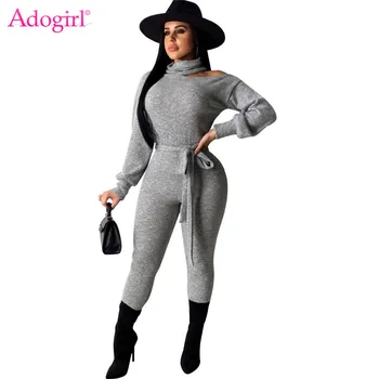 

Adogirl Women Solid Casual Ribbed Jumpsuit Cold Shoulder Turtleneck Long Sleeve Skinny Romper with Belt Female Fashion Overalls
