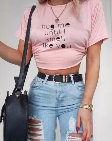 

Fashionshow-JF Hug Me Until I Smell Like You Letter Print Unisex Tshirt Halajuku Style Printed Loose Short Sleeve Female T-shirt