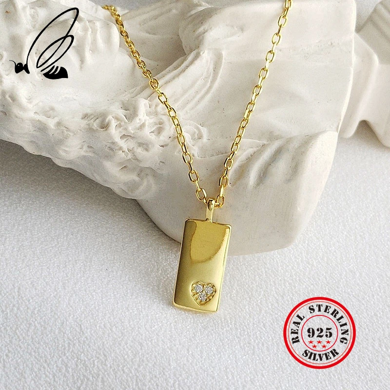 

Square Pendant Necklace 925 Sterling Silver Zircon Heart Gold Chain Women Boho Vintage Personalized Collar Mujer Accesorios Tak
