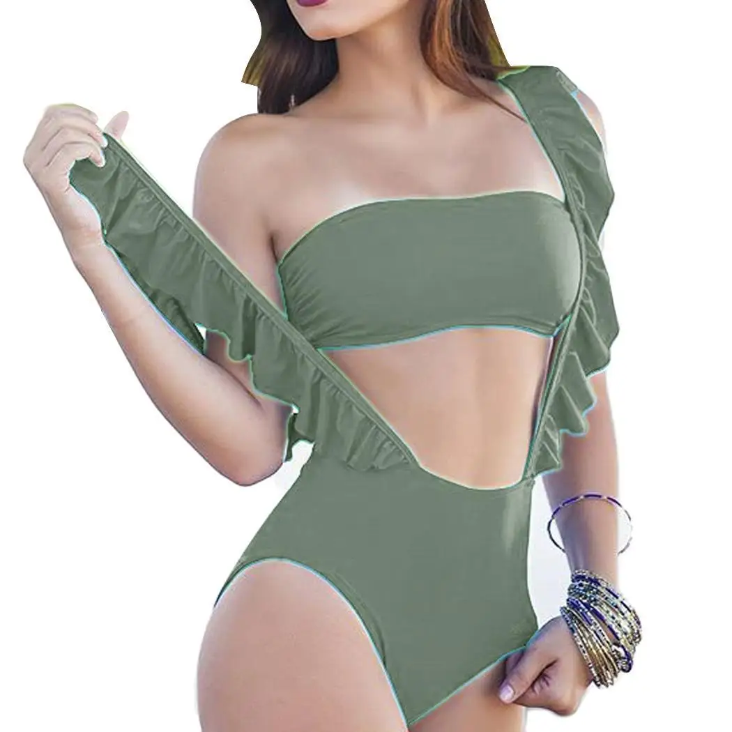 

Women Solid Strapless Sleeveless Ruffles Backless Swimming Wear Short Two-piece Swimsuit Slim Summer Pullover
