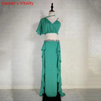 

New Women Belly Dance Group Practice Clothes Single Sleeve Top Long Skirt Set Oriental Indian Dancing 2 Colors Training Outfits
