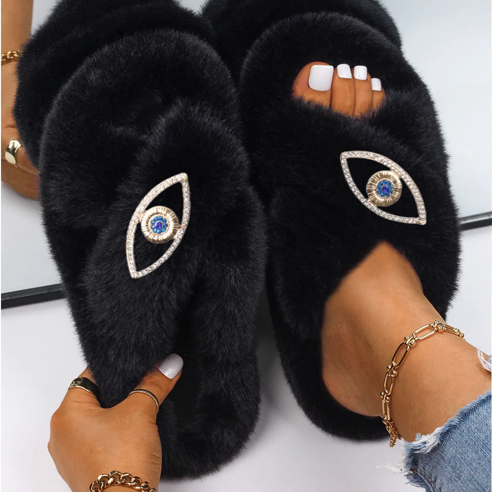 Women Home Slippers Designer Furry Slides Faux Fur Sandals Ladies Luxury Decor Fluffy Slippers Flip Flops Female Flat Shoes 2022