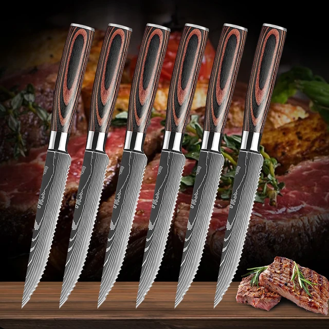 Juego de cuchillos dentados de acero inoxidable para carne, vajilla de cena  con patrón de Damasco