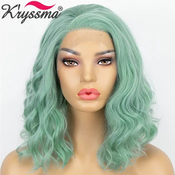 

Kryssma Mint Green Synthetic Wigs For Women Short Bob Wavy Lace Front Wigs High Temperature Fiber Cosplay Wig