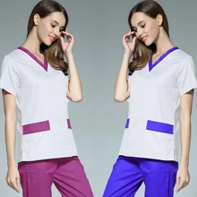 [Комплект] стиль, цветная блокировка, медицинские скрабы, женская мода, v-образный вырез, Белый скраб-топ и штаны, униформа для кормления