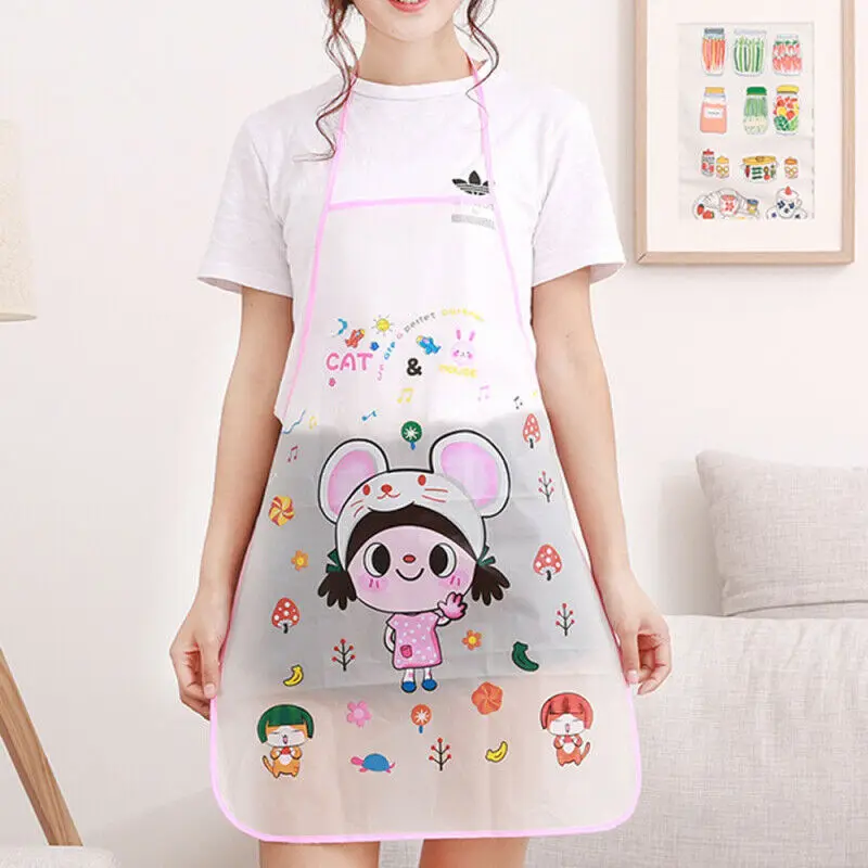 Women Cute Cartoon Apron Waterproof PVC Bibs Apron Kitchen Restaurant Cooking Bib Aprons Lady Girl OilProof Transparent Apron