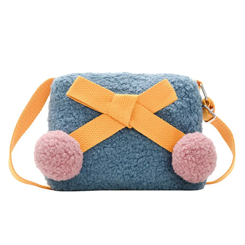 Милые плюшевые кошельки с бантиком для маленьких девочек, сумки на плечо на молнии, мини-сумки через плечо с цепочкой, сумка-мессенджер - Цвет: Синий