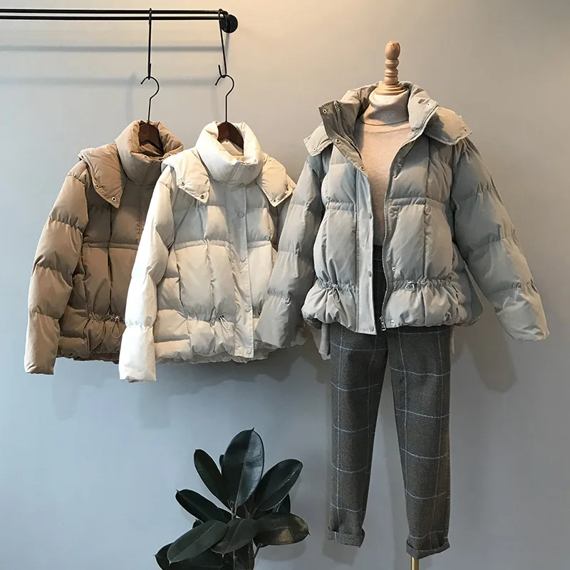 Теплая зимняя короткая куртка женская модная парка с хлопковой подкладкой Harajuku пальто с капюшоном Женская однотонная верхняя одежда с завязками