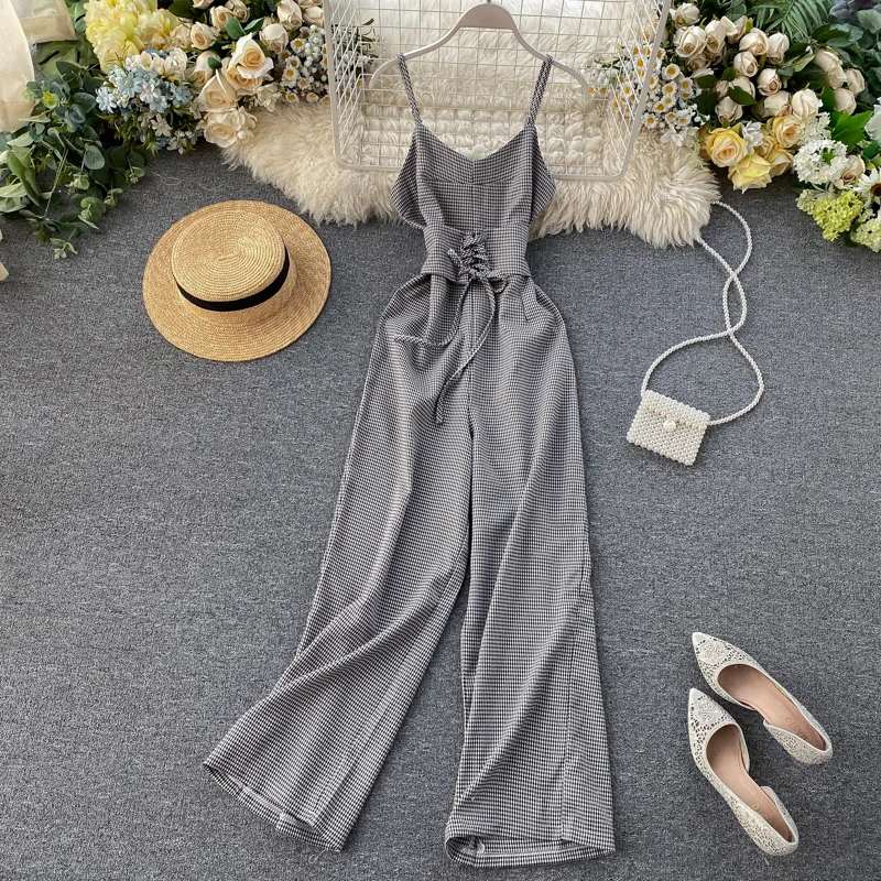 Vintage 2020 Sexy Plaid Print V Neck Jumpsuit Spaghetti Strap Summer Full Length Women Slim Waist Tie Playsuit Lace Up Romper Vintage 2020 Sexy Plaid Print V Neck Jumpsuit Spaghetti Strap Summer Full Length Women Slim Waist Tie Playsuit Lace Up Romper