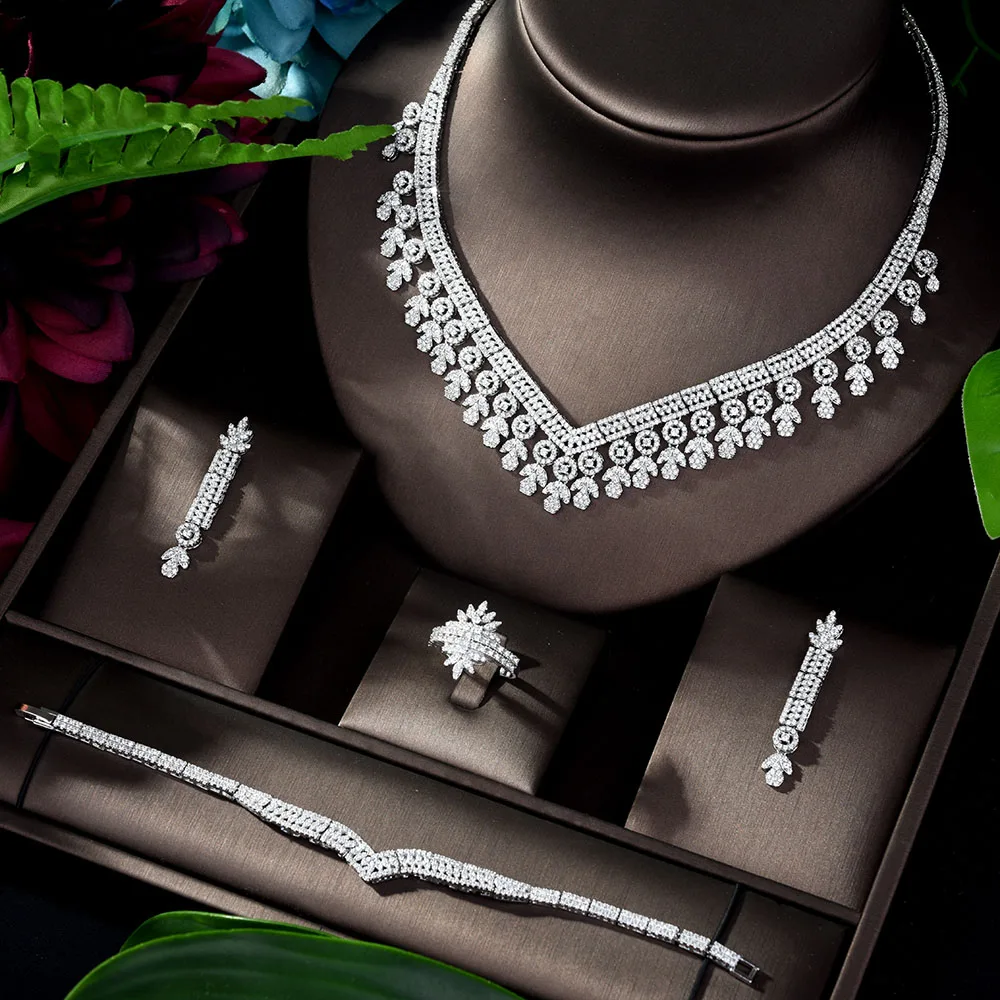 HIBRIDE Luxury Design White Gold Color Women Bridal Jewelry Set Dress Necklace Earring For Party Gits Bijoux N-1186 | Украшения и