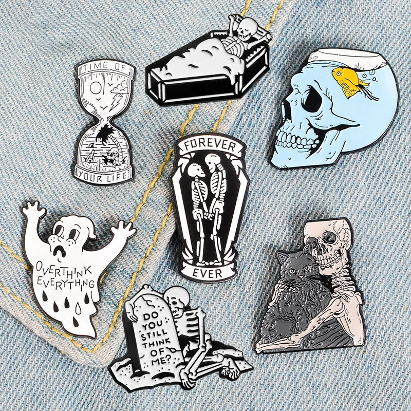 

Fish tank skull Pin Cat your forever partner Enamel Pins Ghost Skeleton Hourglass Badge Brooch Bag Lapel Pin Gothic Jewelry Gift