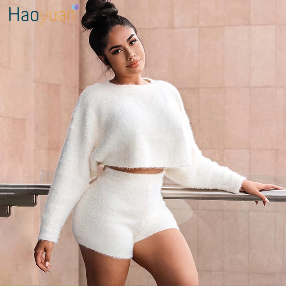 

ZOOEFFBB Fleece Teddy Hoodies Tracksuit Sweat Suits Women Matching Sets Fall Winter Outfits Crop Top and Shorts Two Piece Set