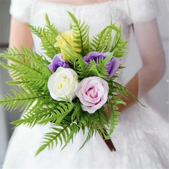 Ramo de rosas de boda púrpura con hojas que caen Flor de Rosa en el exterior Blush Rosa ramo Artificial de novia flores para novia verde