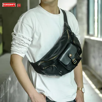 

Hand-made Full Leather Men Chest Bag Male Waist Pack Retro Classic Motorcycle Ami Khaki Shoulder Messenger Bags