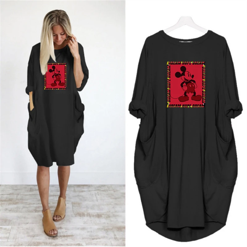 

Dress Women Mickey Cute Printing Pocket Loose Dresses Vintage Fall Maxi Clothes Party Casual Dresses Woman Plus Size M-5XL Dress