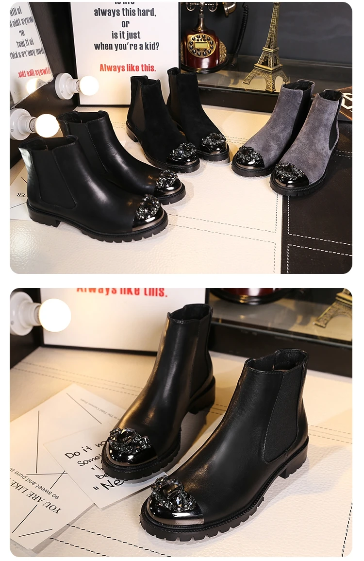 Женские зимние ботинки; Botas Mujer; кожаные женские ботильоны со стразами; Sapato Feminin; женская обувь с круглым носком; Zapatos De Mujer