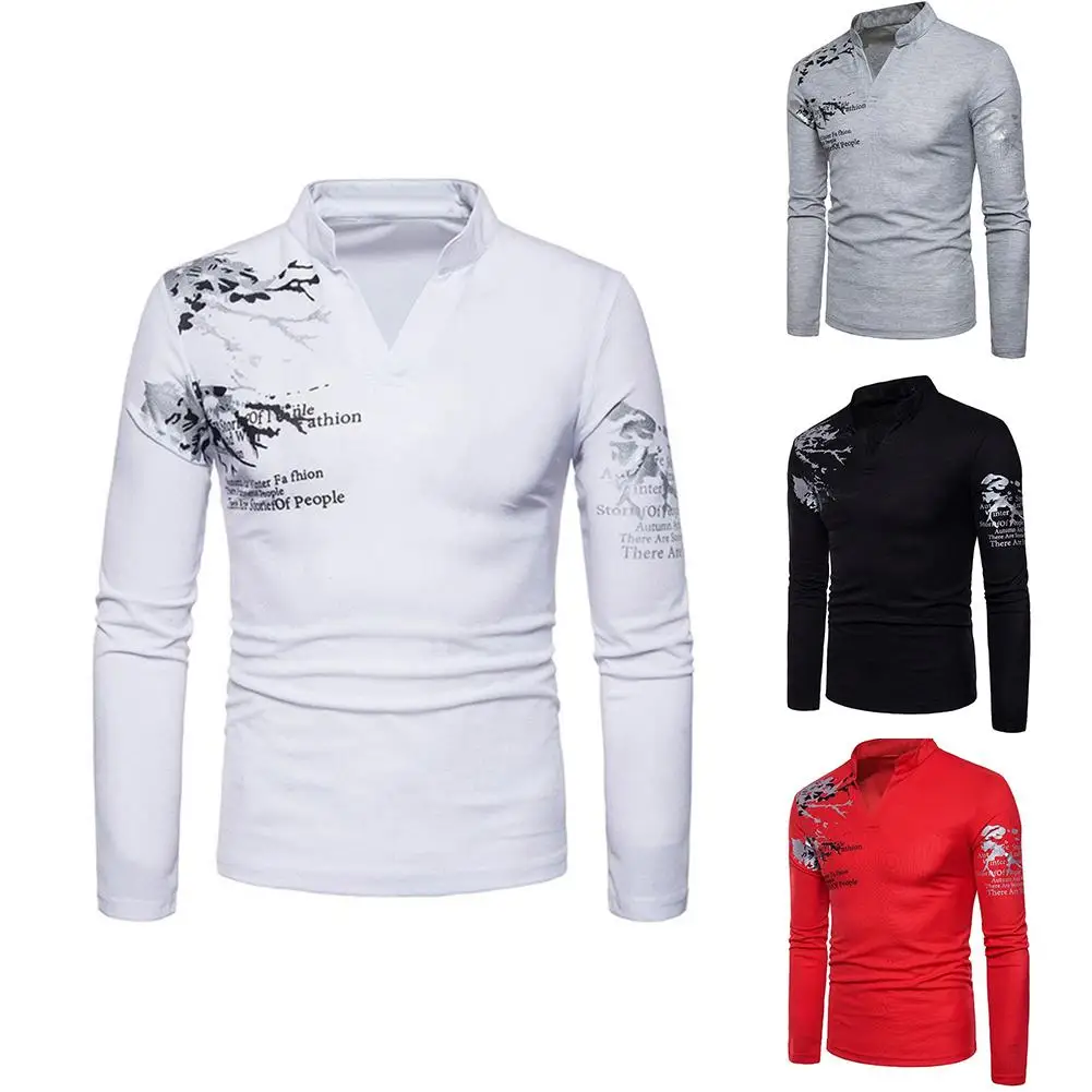 

Men Shirt Flower English Letter Print Stand Collar V-Neck T-Shirt Stand Collar Long Sleeve Tee Top Men's T-Shirts футболка